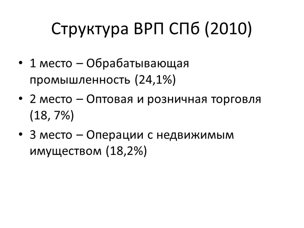 Структура ВРП СПб (2010) 1 место – Обрабатывающая промышленность (24,1%) 2 место – Оптовая